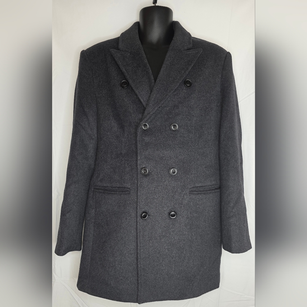 HXW.GJQ Men's Double-Breasted Gray Wool Pea Dress Coat Size Large BV-3141 - Picture 2 of 10